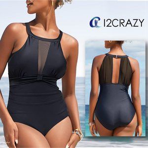 I2CRAZY High Neck Plunge Mesh Ruched Swimsuit  🏝️  NEW WITH TAG!